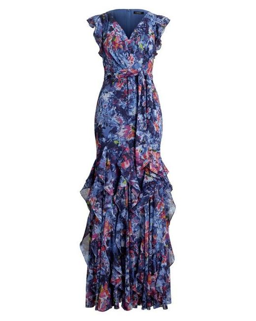 Ralph Lauren Blue Abstract Floral Ruffle Detail Crinkle Georgette Gown