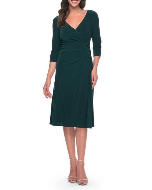 La Femme Women's Green Chic Tea Length Jersey Dress With Ruching -  www.disolcolor.com
