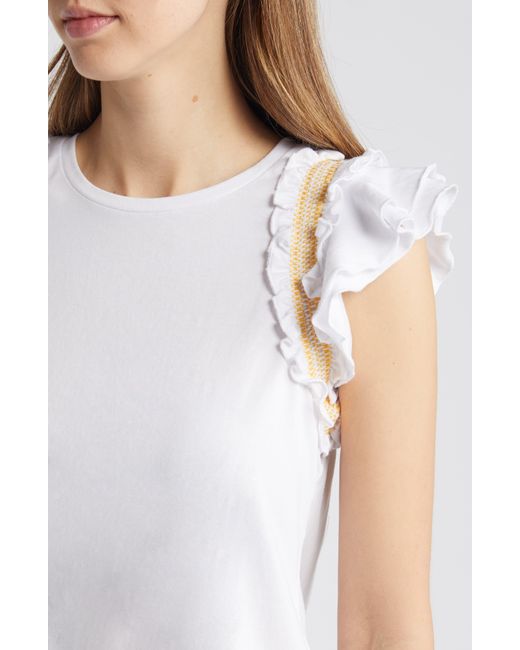 Cece White Contrast Smocked Ruffle Top