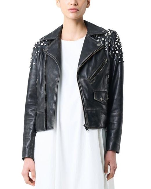 Velez Black Leather Biker Jacket With Crystals
