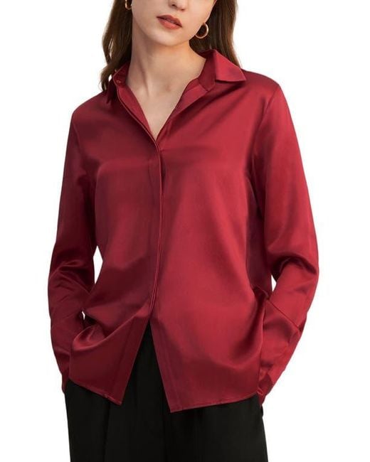 LILYSILK Red Basic Concealed Placket Silk Shirt