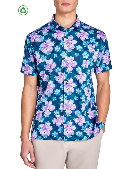 Con.struct Blue Regular Fit Layered Hibiscus Recycled Performance Golf Button-Down Shirt for men