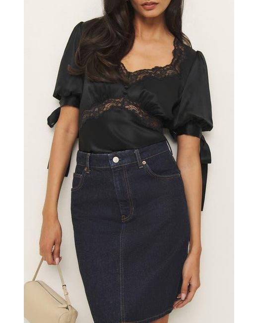 Reformation Black Dolly Lace Trim Silk Charmeuse Top