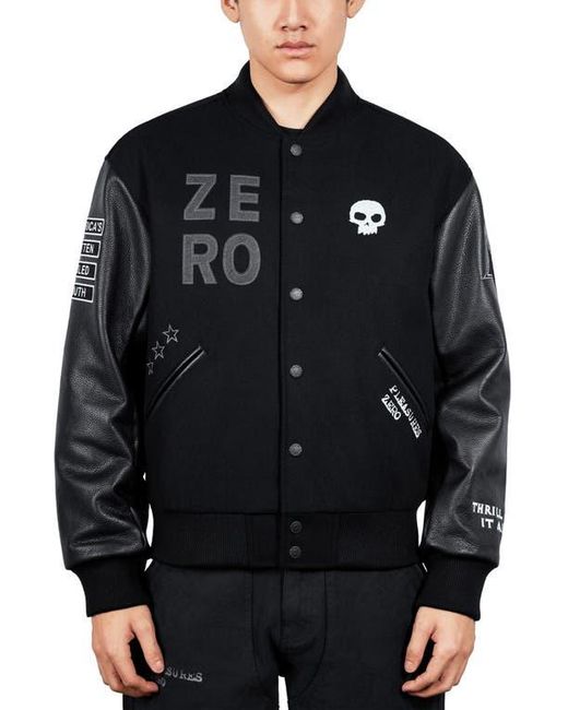 Pleasures Black X Zero Skateboards Varsity Jacket for men