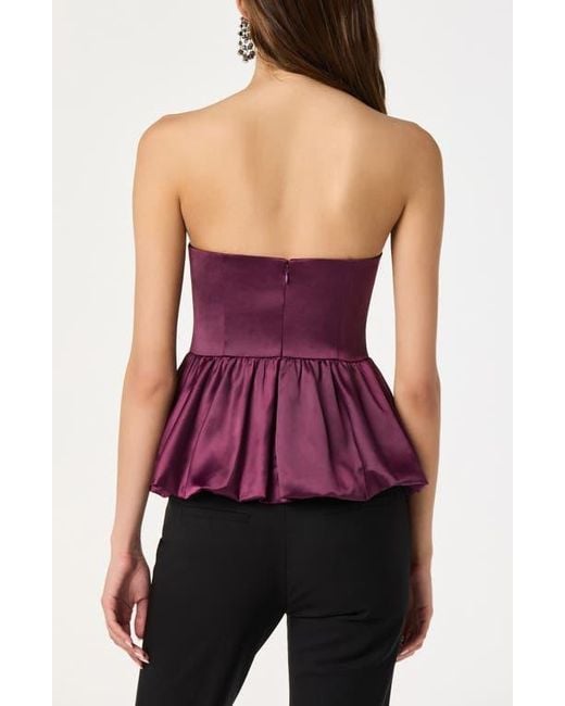 Astr Purple Satin Strapless Plunge Peplum Top