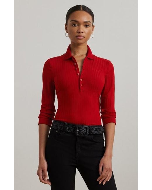Ralph Lauren Red Three Quarter Sleeve Rib Polo