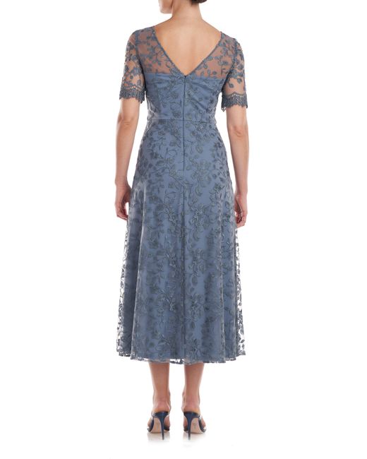 JS Collections Blue Theresa Embroidered Floral Midi A-line Dress