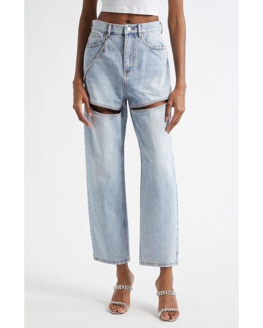 Area Blue Slit Straight Leg Jeans With Crystal Chain