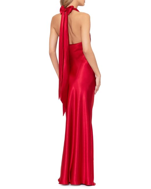 Betsy & Adam Red Halter Charmeuse Gown