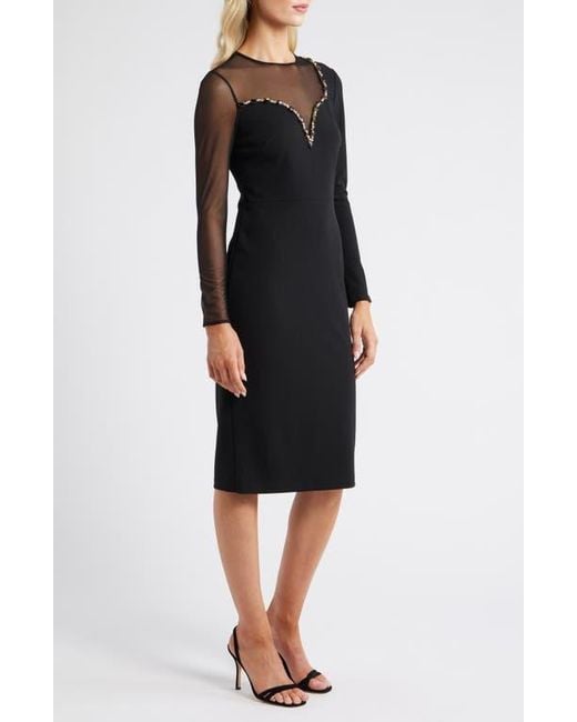 Vince Camuto Black Long Sleeve Beaded Crepe Midi Dress