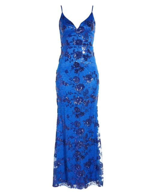 Lulus Blue Shine Language Floral Sequined Lace Gown