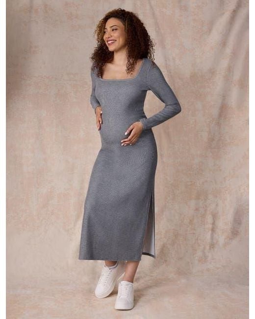 Motherhood Maternity Gray Square Neck Rib Knit Long Sleeve Bodycon Maxi Dress