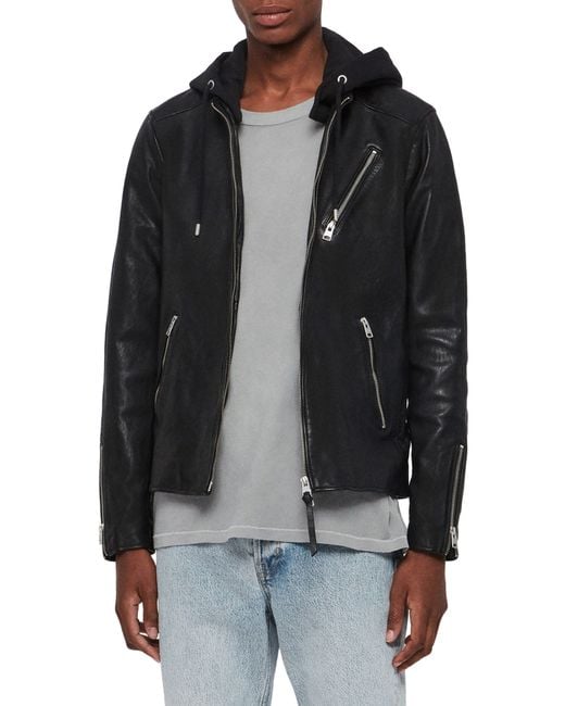 AllSaints Black Harwood Hooded Leather Jacket for men