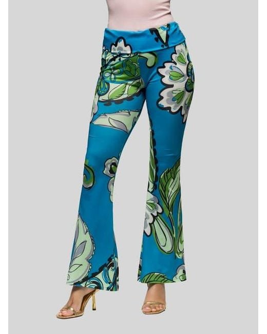 24seven Comfort Apparel Blue Paisley Print Bell Bottom Foldover Waist Pants