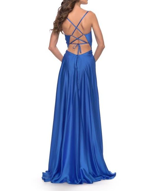 La Femme Blue Satin A-Line Gown With Cut Out And Twist Bodice