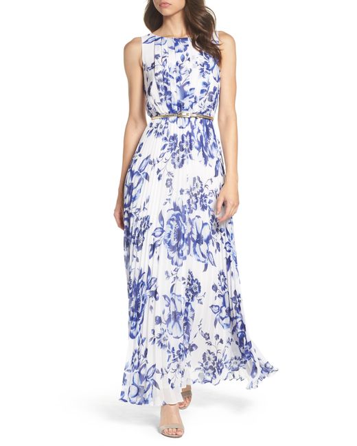 Eliza J Blue Pleated Floral Chiffon Maxi Dress