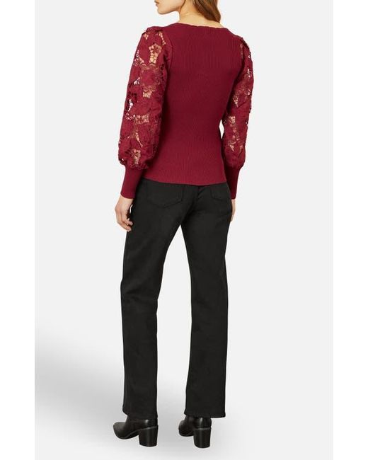 Yumi' Red Ribbed Knitted Lace Sleeve Top