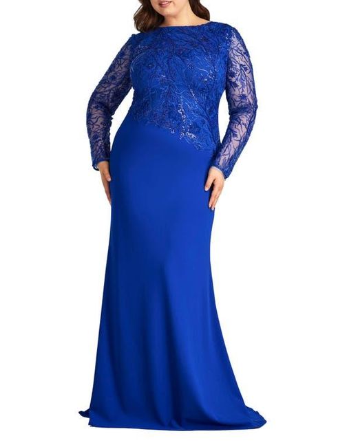 Tadashi Shoji Blue Sequin Floral Long Sleeve Gown