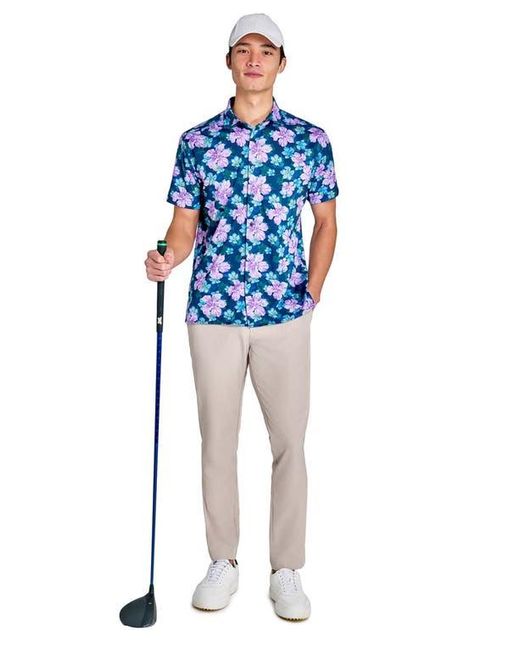 Con.struct Blue Regular Fit Layered Hibiscus Recycled Performance Golf Button-Down Shirt for men