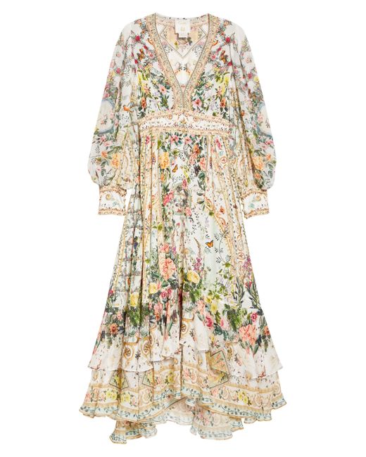 Camilla Natural Floral Long Sleeve Plunge Neck Silk Maxi Dress