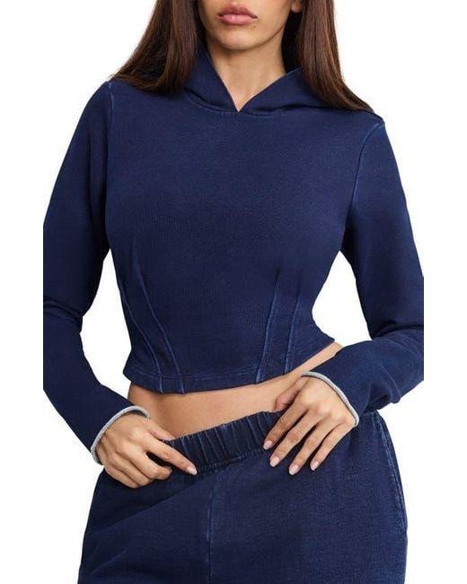 GOOD AMERICAN Blue Jeanius Crop Corset French Terry Hoodie