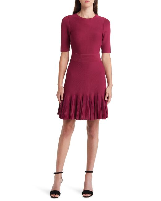 Ted Baker Josafee Pleated Fit & Flare Sweater Dress In Red | Lyst