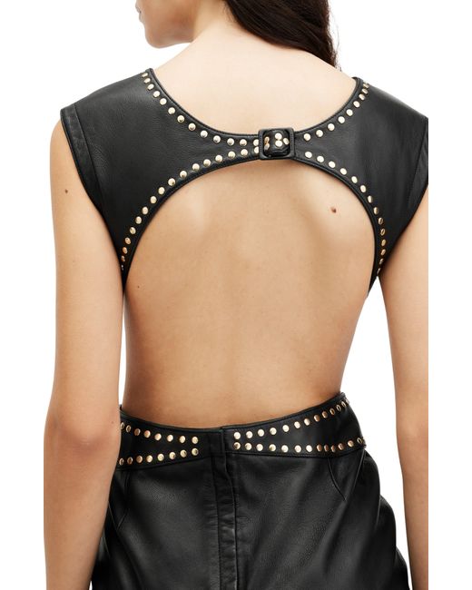 AllSaints Black Syla Stud Detail Open Back Leather Dress