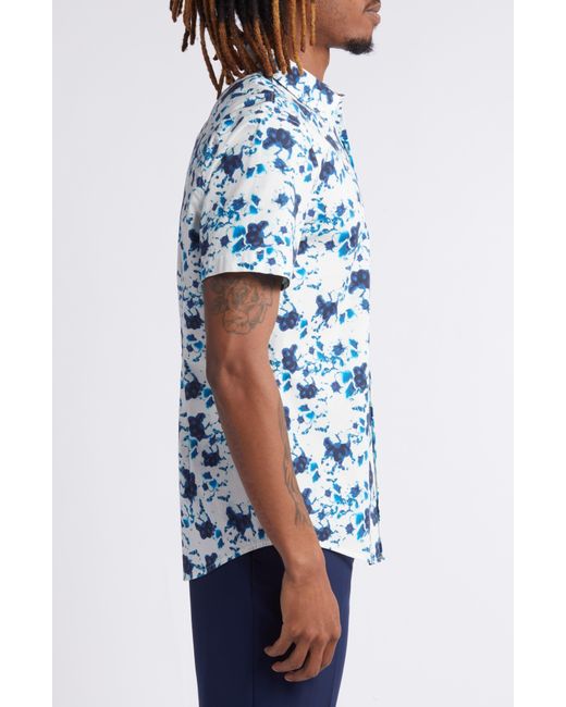 Open Edit Blue Floral Short Sleeve Stretch Cotton Button-up Shirt for men