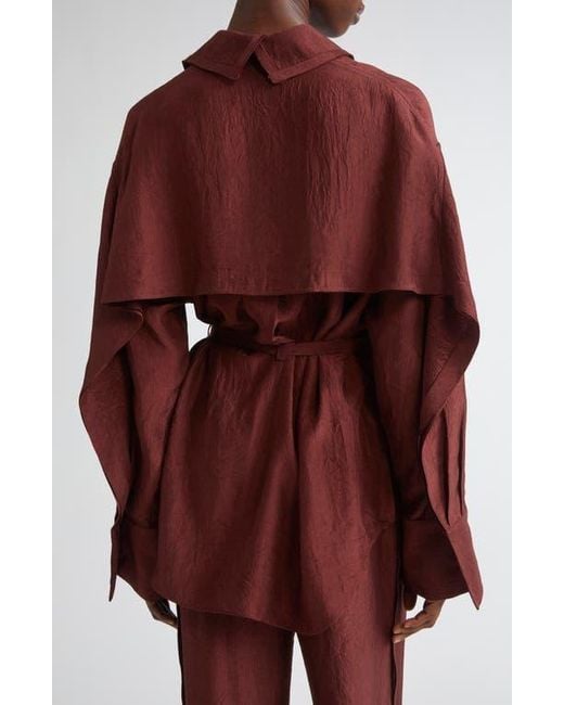Jason Wu Red Oversize Belted Crinkled Satin Button-Up Top