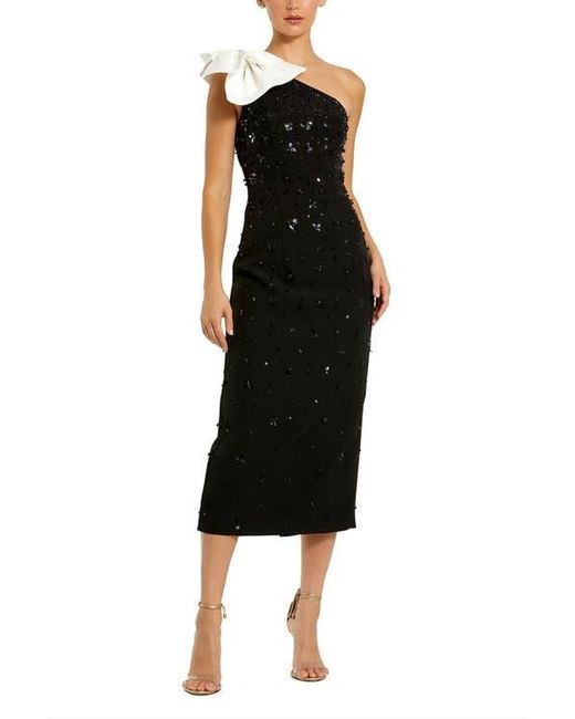 Mac Duggal Black Beaded Crepe One Shoulder Midi Dress With Bow