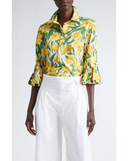 Carolina Herrera Yellow Floral Ruffle Stretch Cotton Button-up Shirt