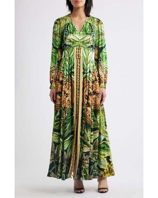 tahari green dress The Alexandria Print Long Sleeve Silk Blend Maxi in Wrap dress