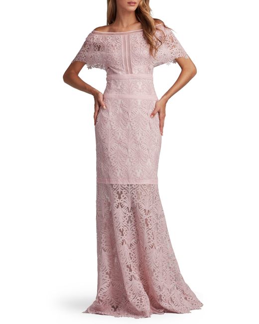 Tadashi Shoji Pink Off The Shoulder Corded Lace Gown