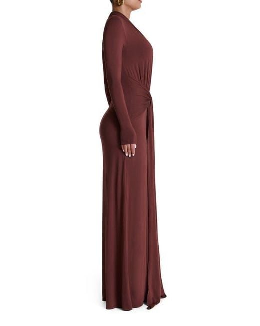 Naked Wardrobe Red Plunge Neck Long Sleeve Stretch Jersey Maxi Dress