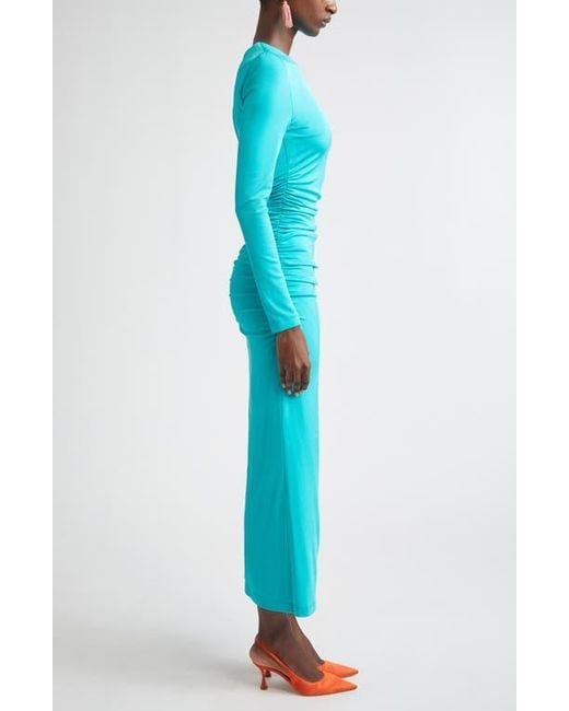 Carolina Herrera Ruched Long Sleeve Stretch Jersey Dress in Blue | Lyst