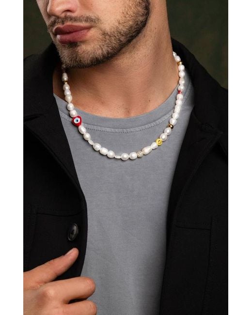 Nialaya White Smiley Face Pearl Necklace for men
