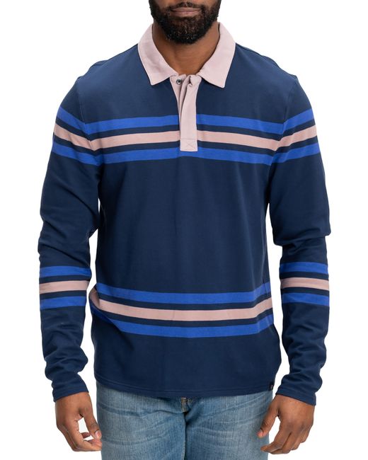 Threads For Thought Blue Ashby Stripe Long Sleeve Organic Cotton Blend Piqué Polo for men