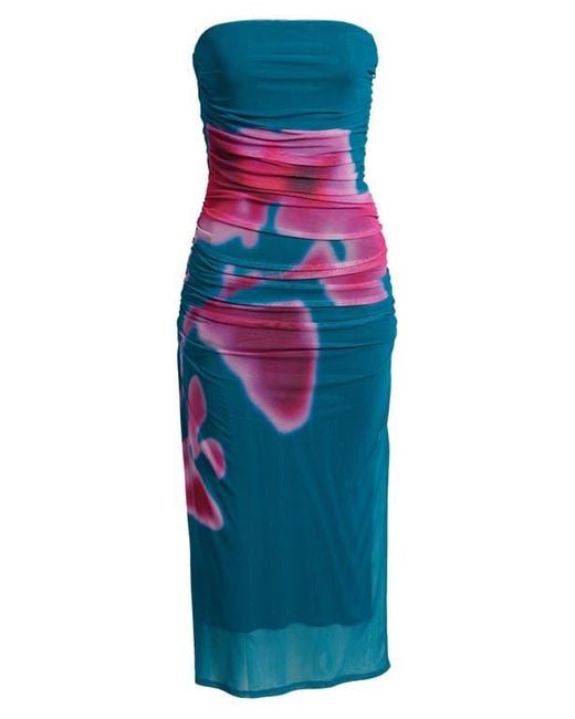 Open Edit Blue Ruched Strapless Mesh Dress