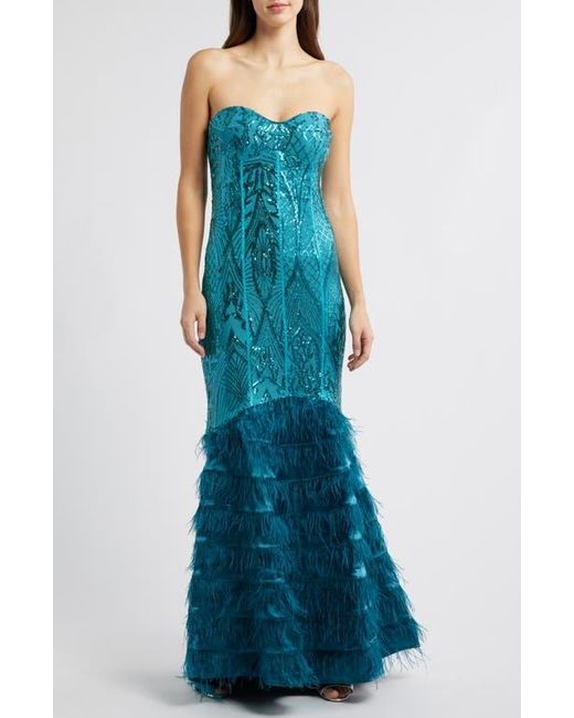 Bebe Sequin Feather Trim Strapless Gown in Blue | Lyst