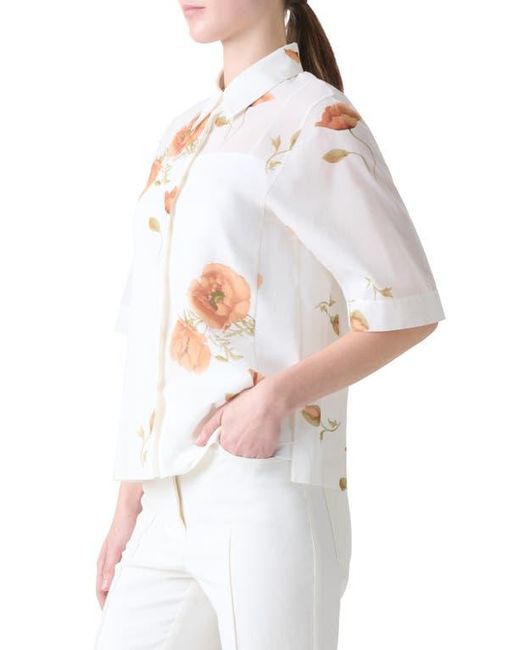 Akris White Poppy Print Short Sleeve Button-Up Shirt