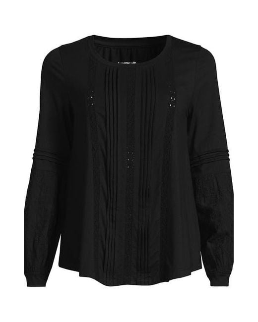 Lands' End Black Lightweight Jersey Lace Mix Long Sleeve Pintuck Top