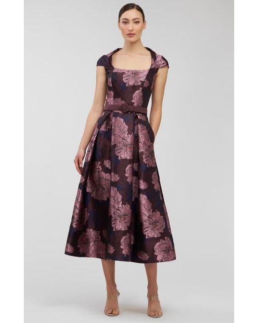 Kay Unger Red Kinsley Metallic Floral Jacquard Cocktail Dress