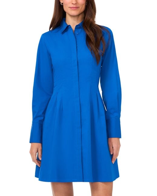 Halogen® Blue Halogen(r) Long Sleeve Cotton Fit & Flare Shirtdress