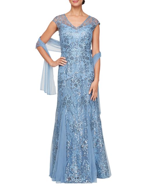 Alex Evenings Blue Sequin Embroidered Evening Gown