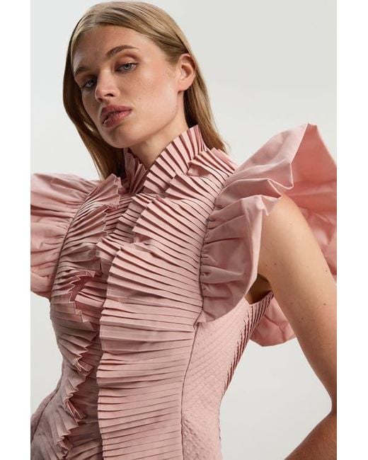 Karen Millen Pink Pleated Ruffle Sleeve Woven Midi Dress