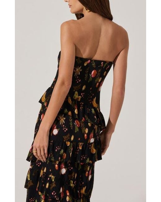 Astr Black Plissé Asymmetric Tiered Ruffle Strapless Midi Dress