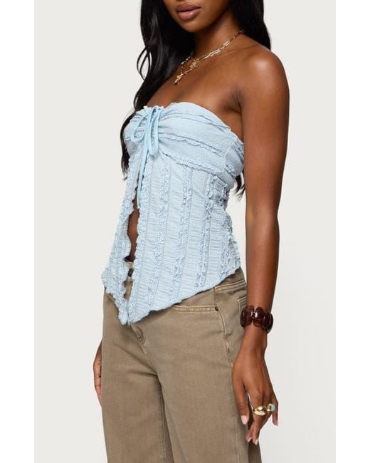 Edikted Blue Textured Ruffle Split Front Strapless Top