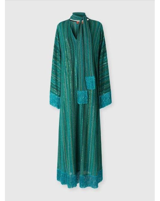 Missoni Green Zigzag Kaftan With Sequins And V-Neck And Removable Scarf With Fringes