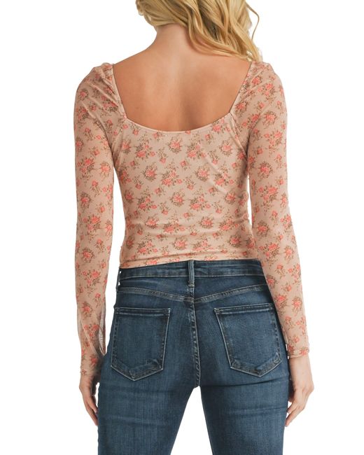All In Favor Blue Floral Ruched Long Sleeve Mesh Top In At Nordstrom, Size X-small