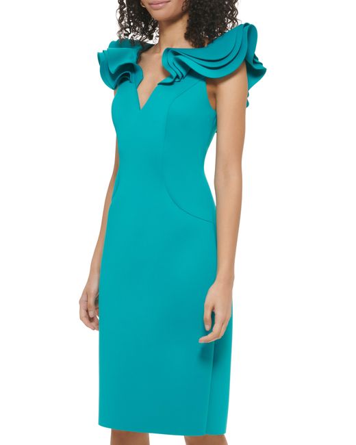 Eliza J Blue Ruffle Shoulder Sleeveless Cocktail Dress